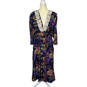 Vintage 80s S.L Fashions Floral Lace Collar Long Sleeve Midi Dress Women Size 14